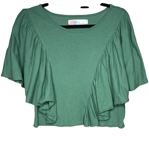 Free People FP Beach Women's Small Ruffle T-Shirt Top Green Boxy Boho Flutter - Picture 1 of 5